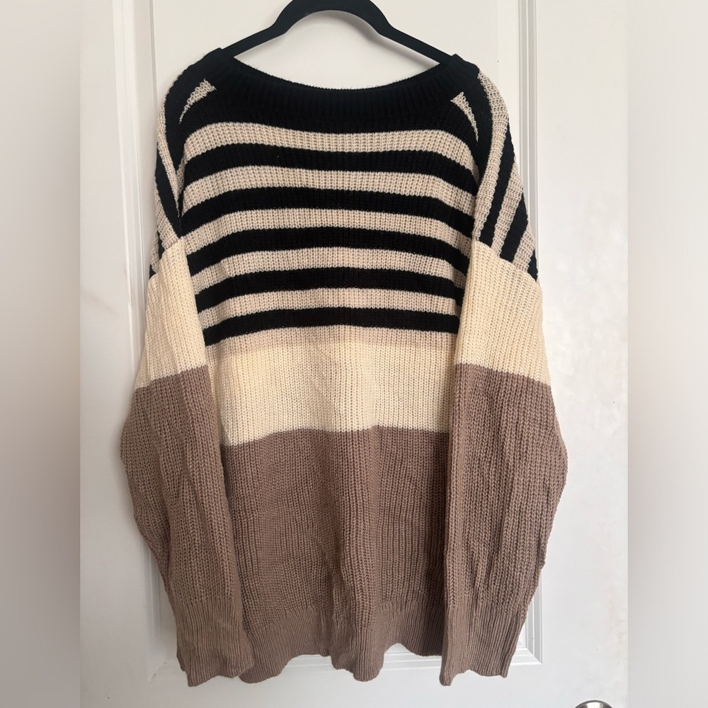 Oversized Striped Colorblock Chunky Knit Sweater Neutral Fall Coastal Grandma
